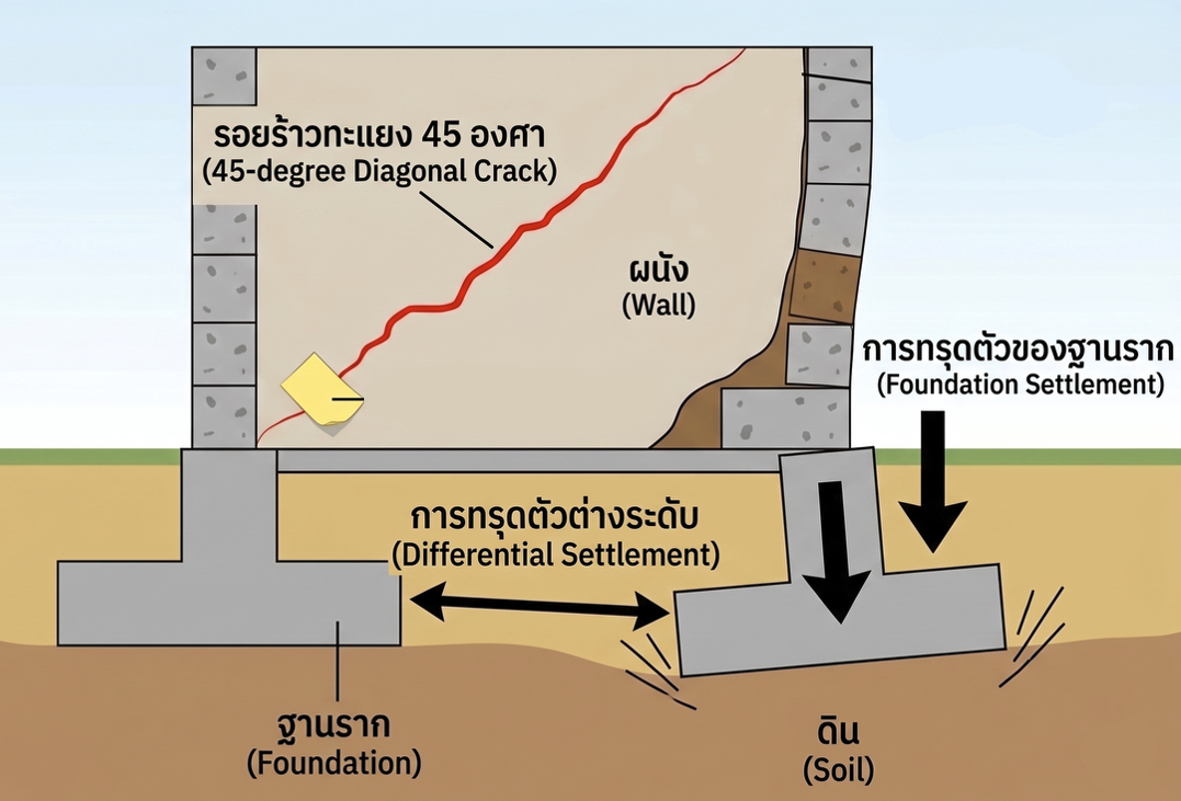 ผนังร้าวเฉียง 45 องศา สาเหตุจากฐานรากทรุดตัวต่างระดับ